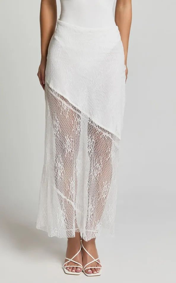 Showpo Carina Midi Skirt 8211 Mid Waist Lace Asymmetrical Skirt In Ivory Women Skirts