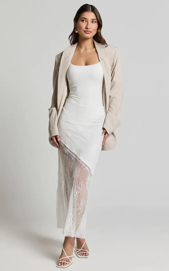 Showpo Carina Midi Skirt 8211 Mid Waist Lace Asymmetrical Skirt In Ivory Women Skirts