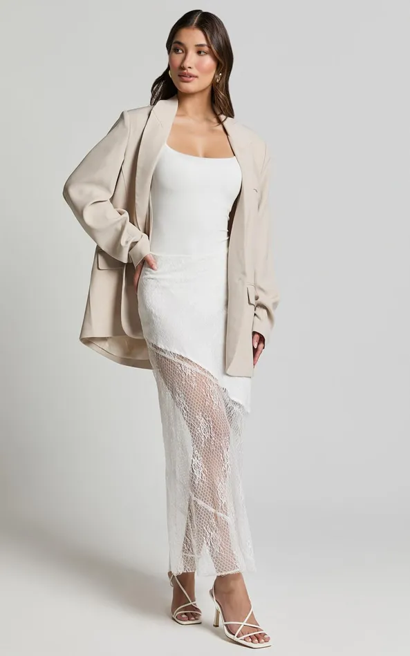 Showpo Carina Midi Skirt 8211 Mid Waist Lace Asymmetrical Skirt In Ivory Women Skirts