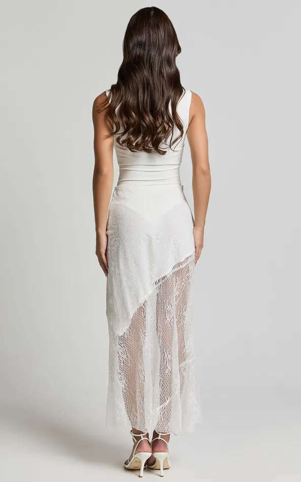Showpo Carina Midi Skirt 8211 Mid Waist Lace Asymmetrical Skirt In Ivory Women Skirts