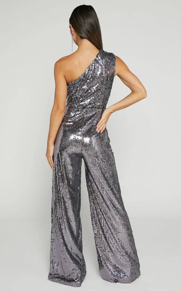 Showpo Carissa Jumpsuit 8211 One Shoulder Sequin Jumpsuit In Gunmetal Women Jumpsuits