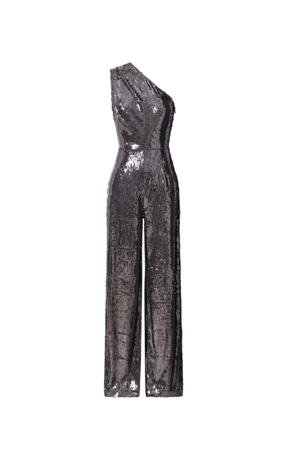 Showpo Carissa Jumpsuit 8211 One Shoulder Sequin Jumpsuit In Gunmetal Women Jumpsuits