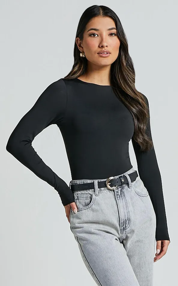 Showpo Carla Bodysuit 8211 Long Sleeve Open Back Bodysuit In Black Women Tops