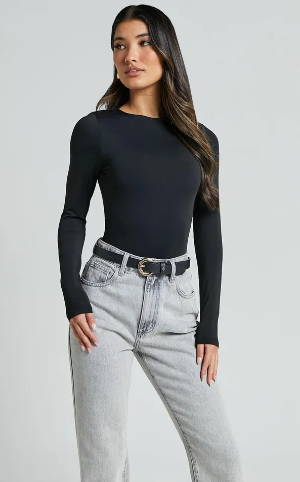 Showpo Carla Bodysuit 8211 Long Sleeve Open Back Bodysuit In Black Women Tops