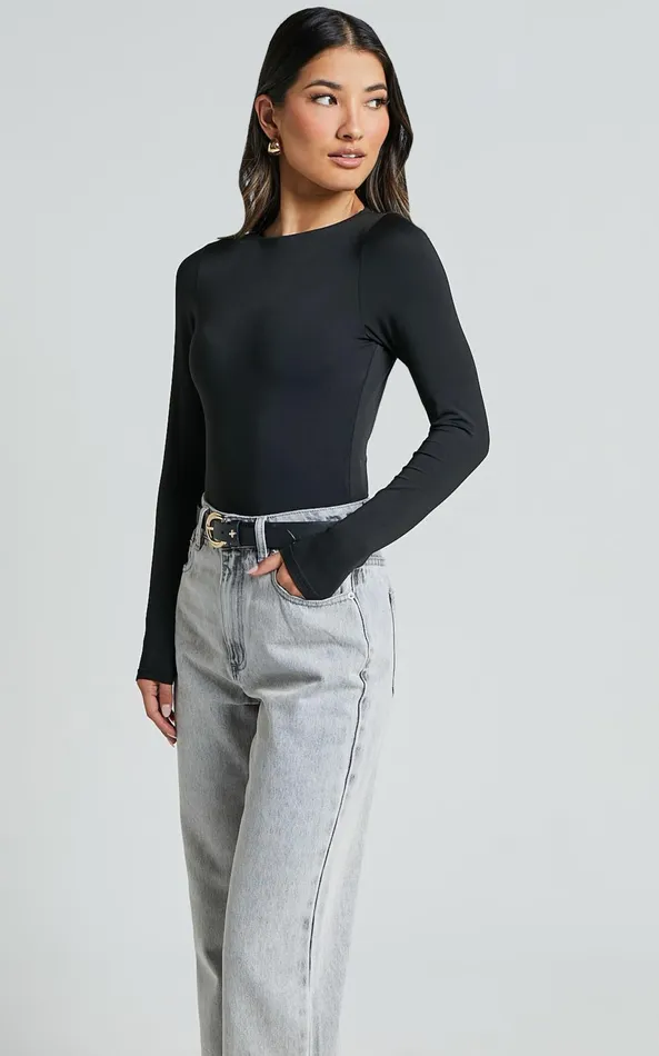 Showpo Carla Bodysuit 8211 Long Sleeve Open Back Bodysuit In Black Women Tops