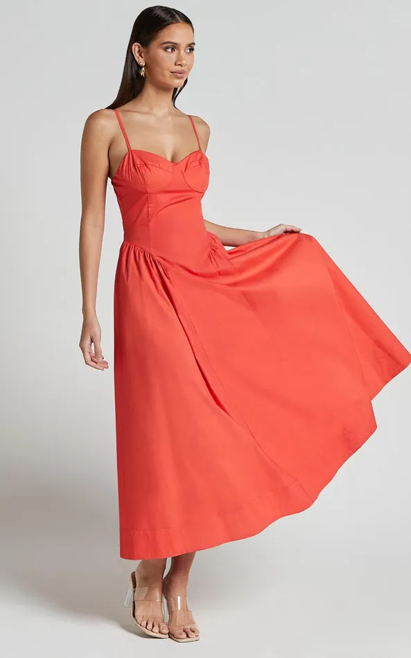 Showpo Carla Midi Dress 8211 Strappy Sweetheart Fit And Flare Dress In Scarlet Women Dresses
