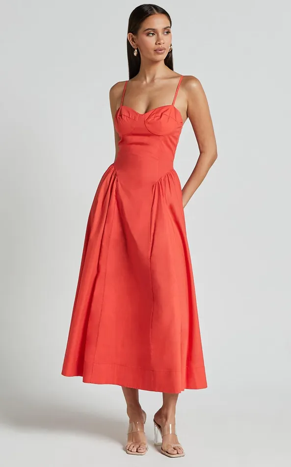 Showpo Carla Midi Dress 8211 Strappy Sweetheart Fit And Flare Dress In Scarlet Women Dresses
