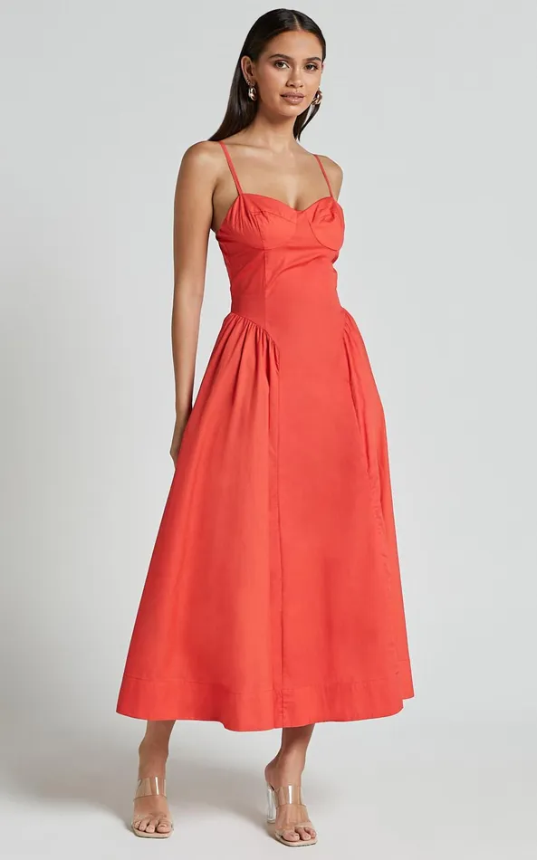 Showpo Carla Midi Dress 8211 Strappy Sweetheart Fit And Flare Dress In Scarlet Women Dresses