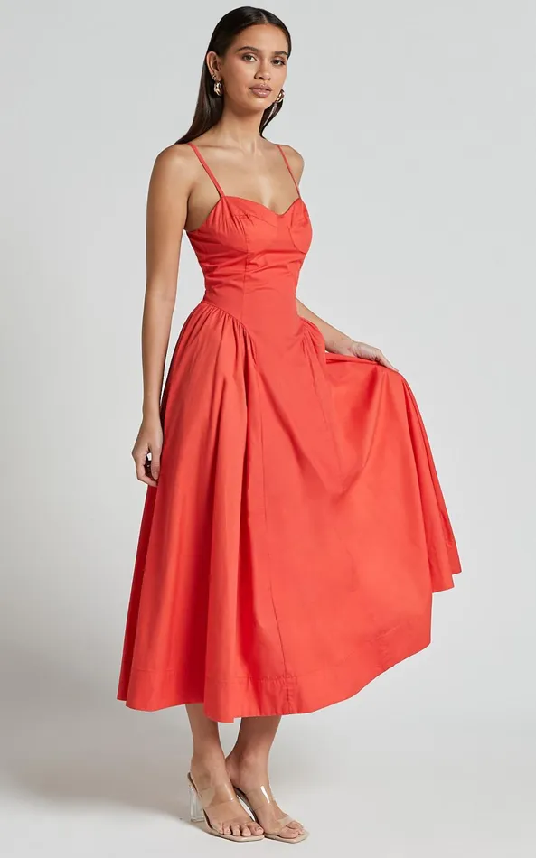 Showpo Carla Midi Dress 8211 Strappy Sweetheart Fit And Flare Dress In Scarlet Women Dresses