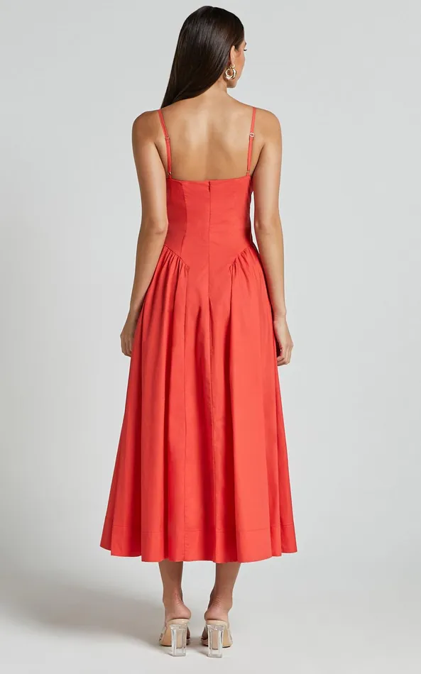 Showpo Carla Midi Dress 8211 Strappy Sweetheart Fit And Flare Dress In Scarlet Women Dresses