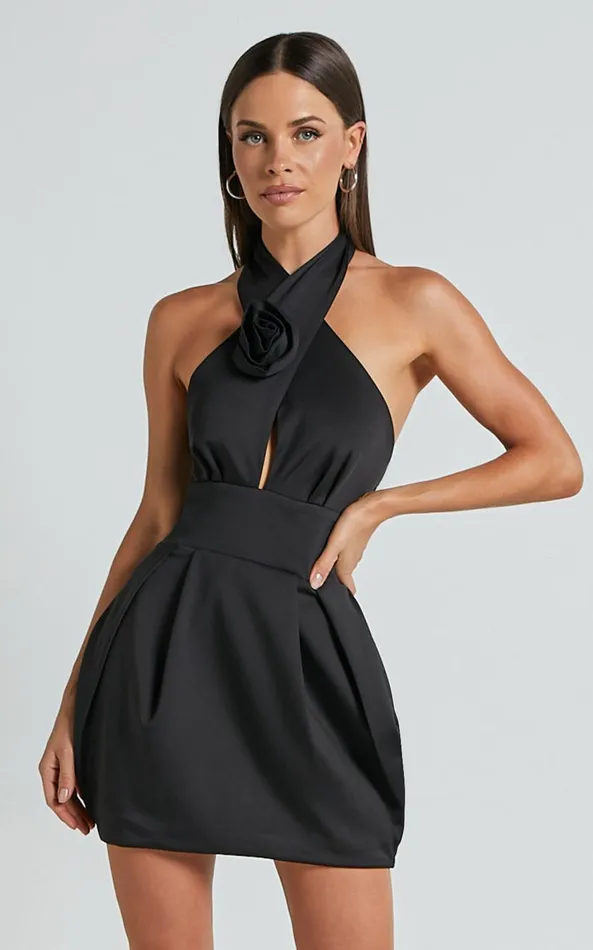 Showpo Carla Mini Dress 8211 Halter Tie Neck Rosette Detail Dress In Black Women Dresses