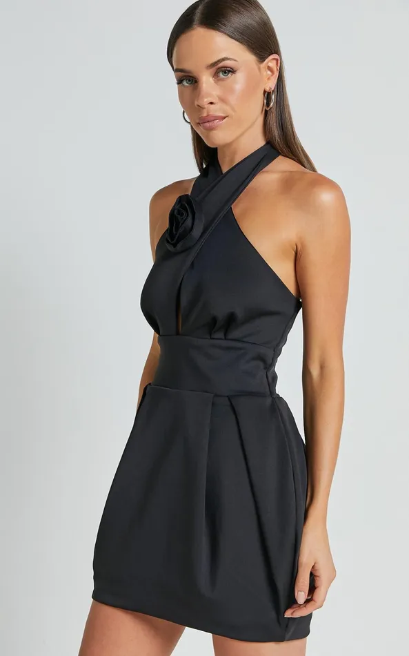 Showpo Carla Mini Dress 8211 Halter Tie Neck Rosette Detail Dress In Black Women Dresses