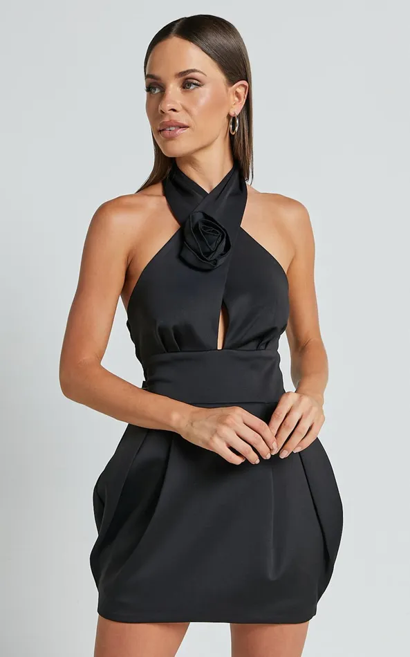 Showpo Carla Mini Dress 8211 Halter Tie Neck Rosette Detail Dress In Black Women Dresses