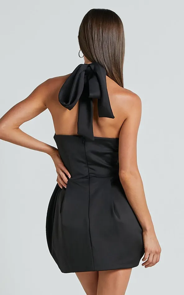 Showpo Carla Mini Dress 8211 Halter Tie Neck Rosette Detail Dress In Black Women Dresses