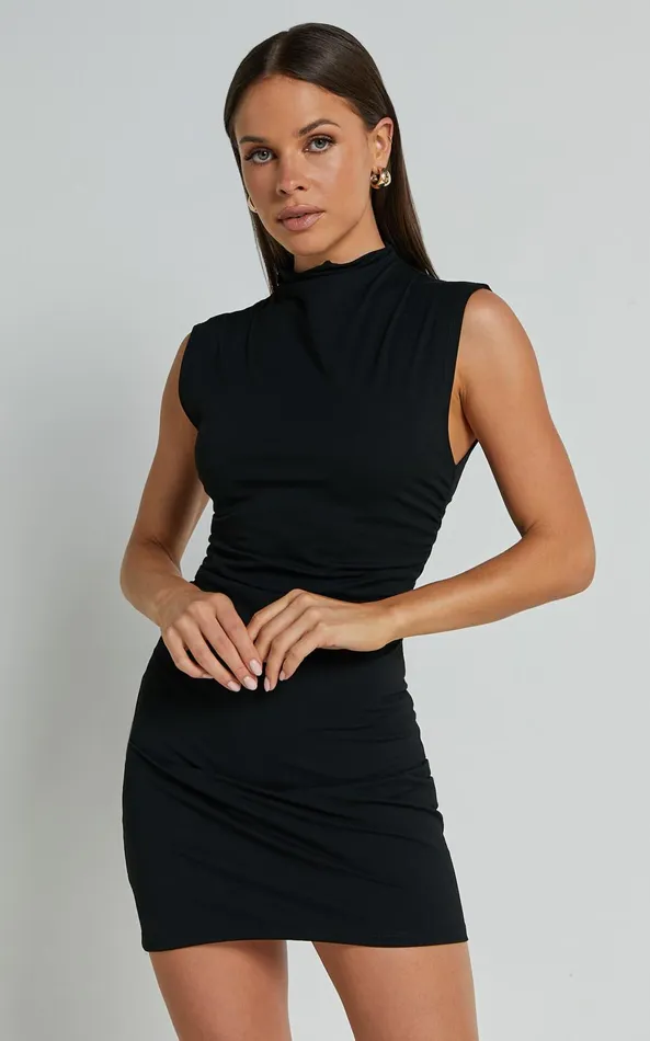 Showpo Carleigh Mini Dress 8211 High Neck Ruched Bodycon Dress In Black Women Dresses