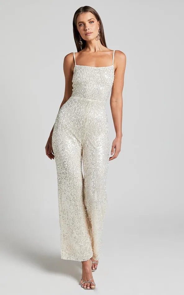 Showpo Carlie Jumpsuit 8211 Straight Neck Strappy Sequin In Champagne Women Jumpsuits