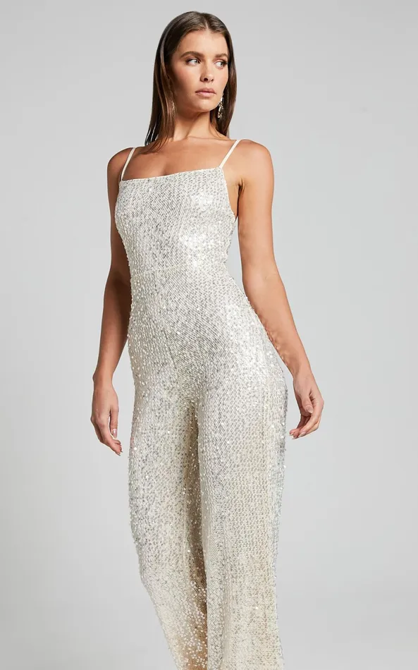 Showpo Carlie Jumpsuit 8211 Straight Neck Strappy Sequin In Champagne Women Jumpsuits