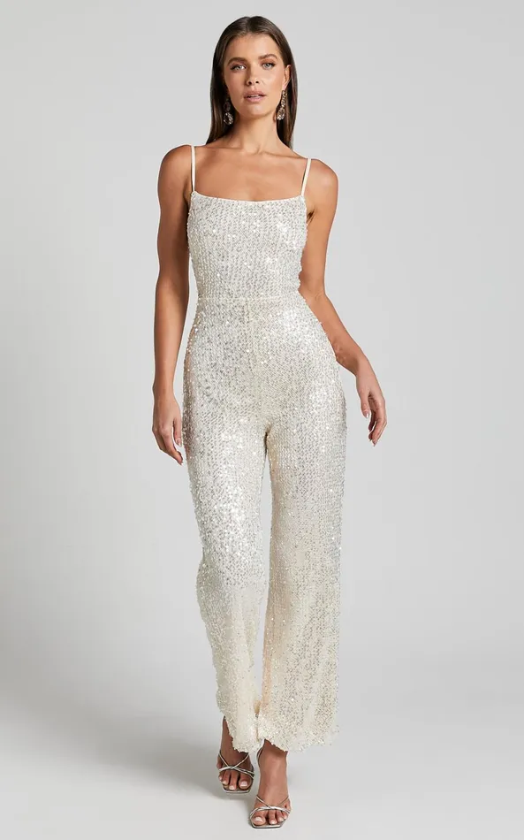 Showpo Carlie Jumpsuit 8211 Straight Neck Strappy Sequin In Champagne Women Jumpsuits