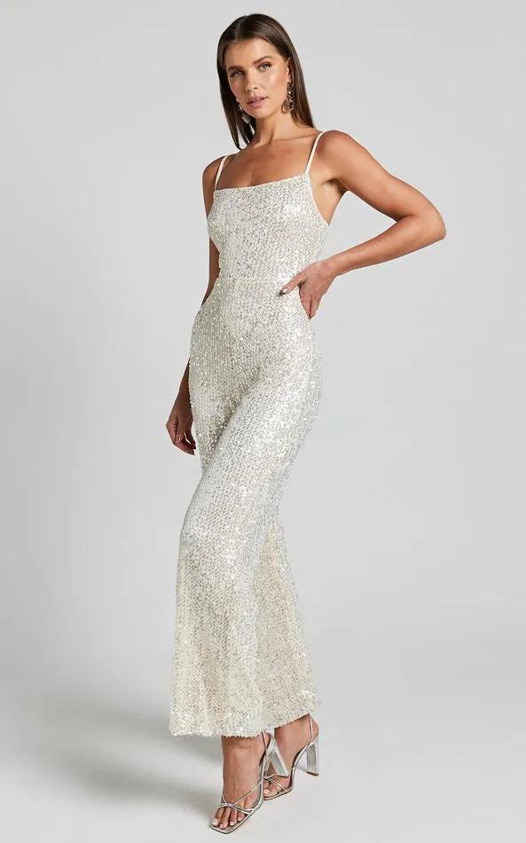 Showpo Carlie Jumpsuit 8211 Straight Neck Strappy Sequin In Champagne Women Jumpsuits