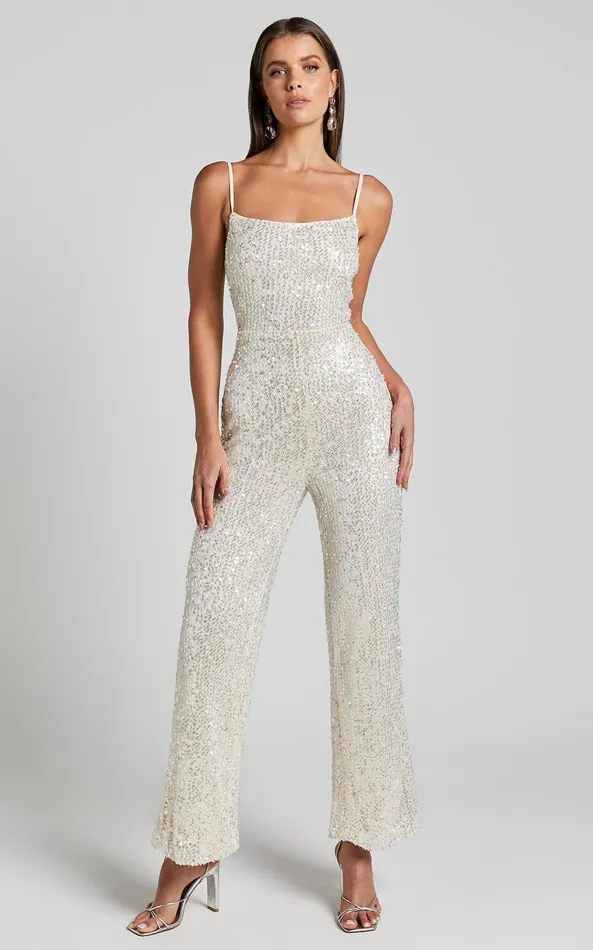 Showpo Carlie Jumpsuit 8211 Straight Neck Strappy Sequin In Champagne Women Jumpsuits
