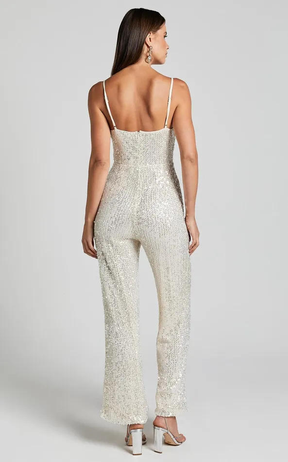 Showpo Carlie Jumpsuit 8211 Straight Neck Strappy Sequin In Champagne Women Jumpsuits