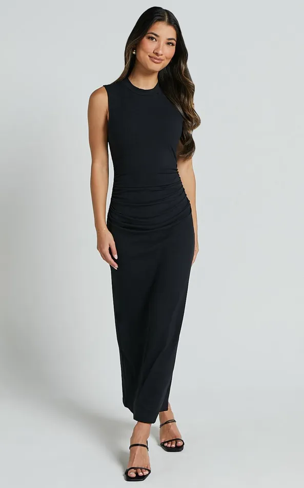 Showpo Carly Midi Dress 8211 High Neck Ruched Dress In Black Women Dresses