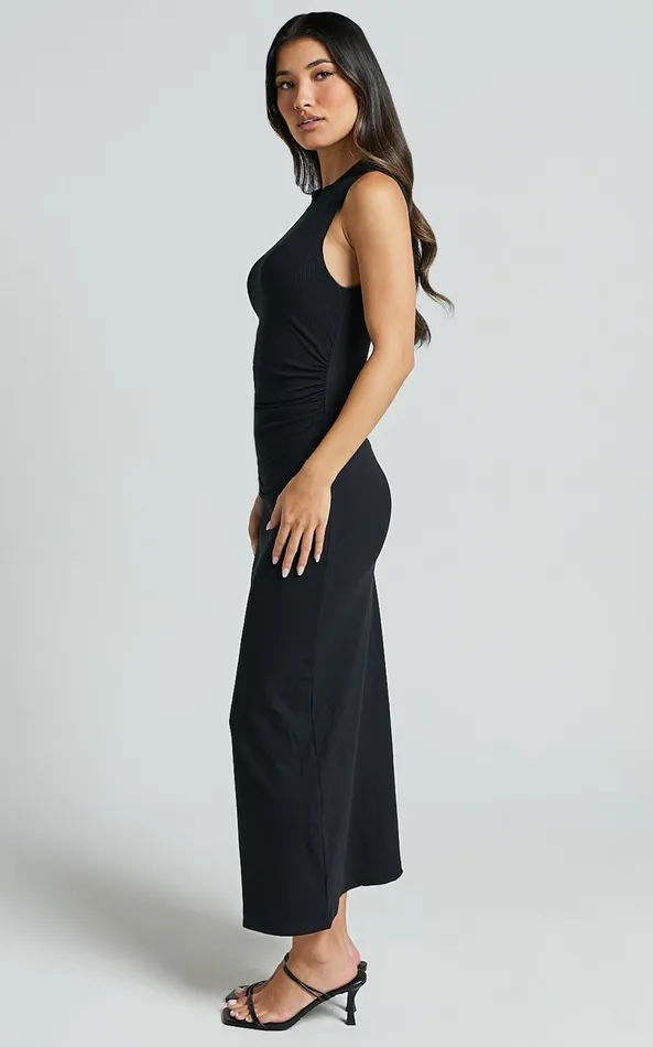 Showpo Carly Midi Dress 8211 High Neck Ruched Dress In Black Women Dresses