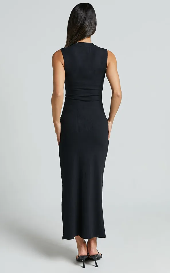 Showpo Carly Midi Dress 8211 High Neck Ruched Dress In Black Women Dresses
