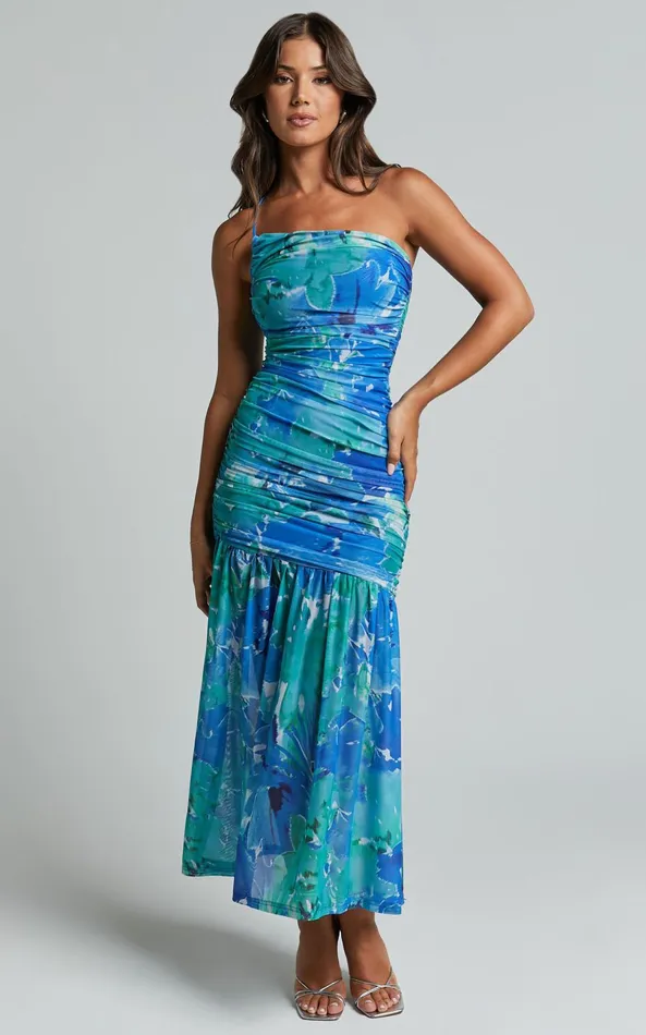 Showpo Carlyn Midi Dress 8211 One Shoulder Ruched Dropped Waist Dress In Green Women Dresses