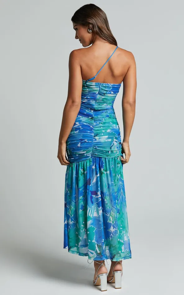 Showpo Carlyn Midi Dress 8211 One Shoulder Ruched Dropped Waist Dress In Green Women Dresses