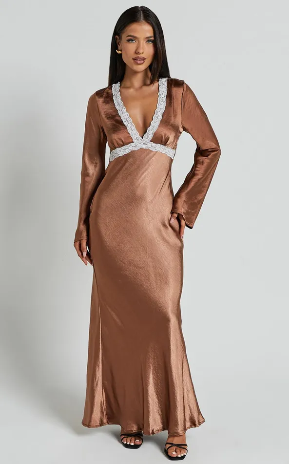 Showpo Carmela Midi Dress 8211 Long Sleeve V Neck Lace Detail Dress In Chocolate Women Dresses Showpo Carmela Midi Dress 8211 Long Sleeve V Neck Lace Detail Dress In Chocolate Women Dresses