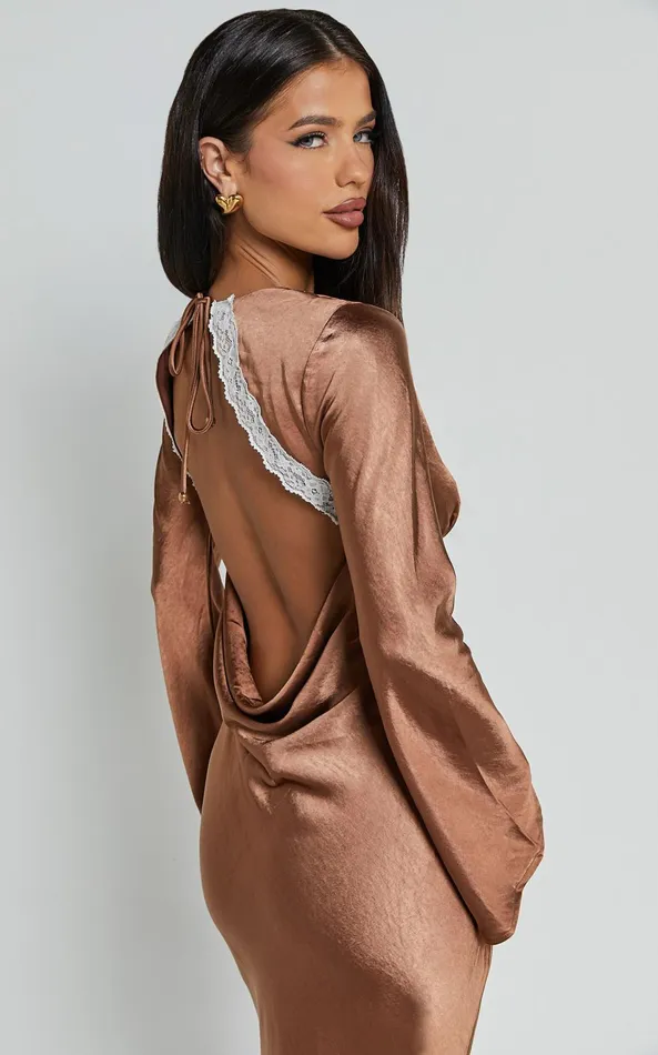 Showpo Carmela Midi Dress 8211 Long Sleeve V Neck Lace Detail Dress In Chocolate Women Dresses