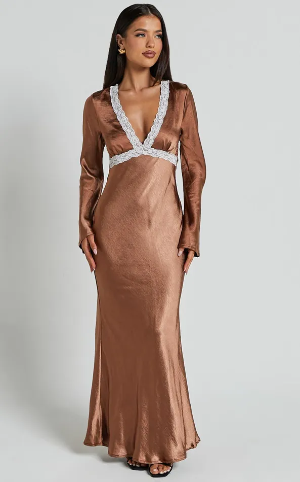 Showpo Carmela Midi Dress 8211 Long Sleeve V Neck Lace Detail Dress In Chocolate Women Dresses