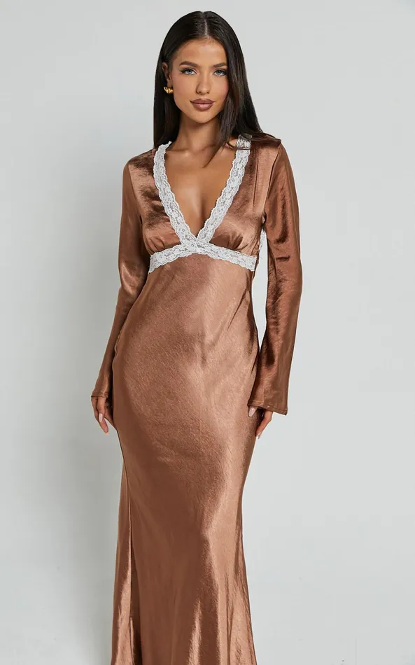 Showpo Carmela Midi Dress 8211 Long Sleeve V Neck Lace Detail Dress In Chocolate Women Dresses