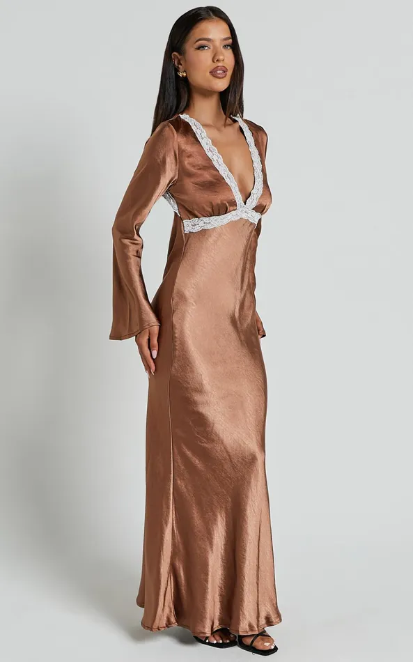 Showpo Carmela Midi Dress 8211 Long Sleeve V Neck Lace Detail Dress In Chocolate Women Dresses