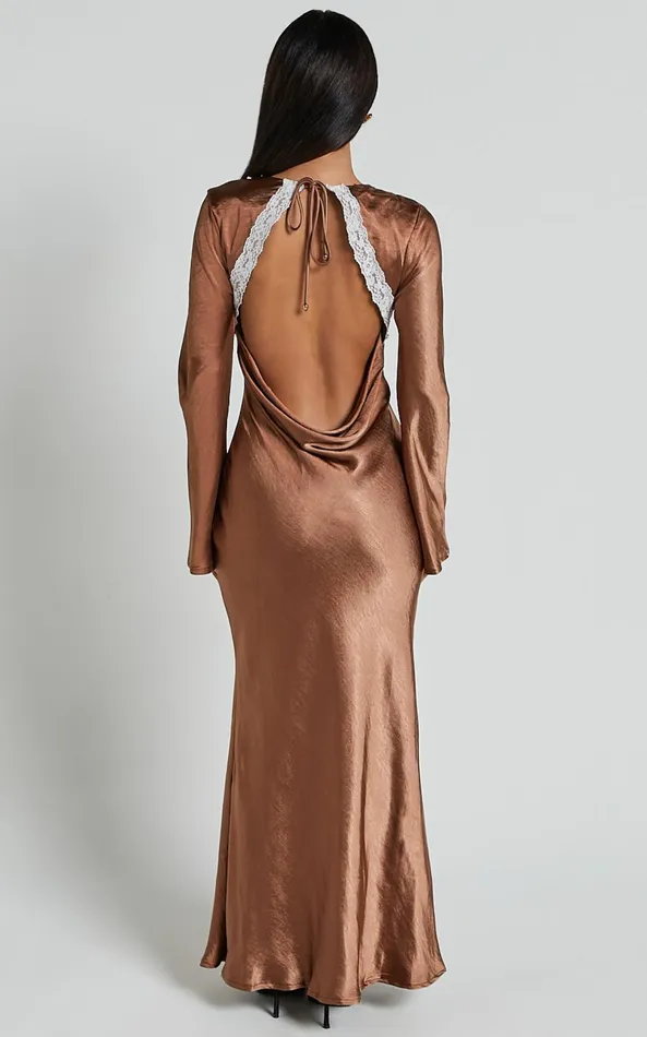 Showpo Carmela Midi Dress 8211 Long Sleeve V Neck Lace Detail Dress In Chocolate Women Dresses