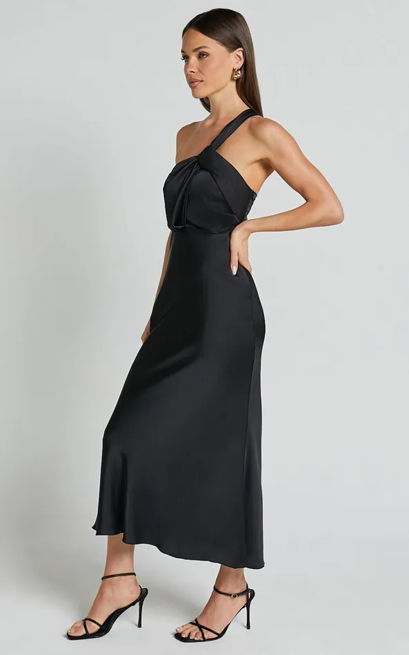 Showpo Carmella Midi Dress 8211 One Shoulder Twist Detail Dress In Black Women Dresses