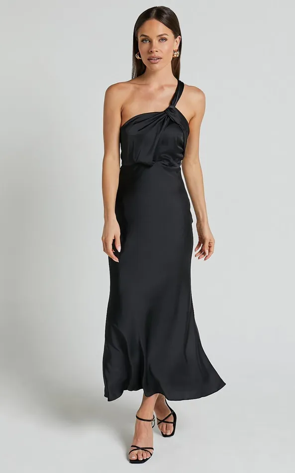 Showpo Carmella Midi Dress 8211 One Shoulder Twist Detail Dress In Black Women Dresses