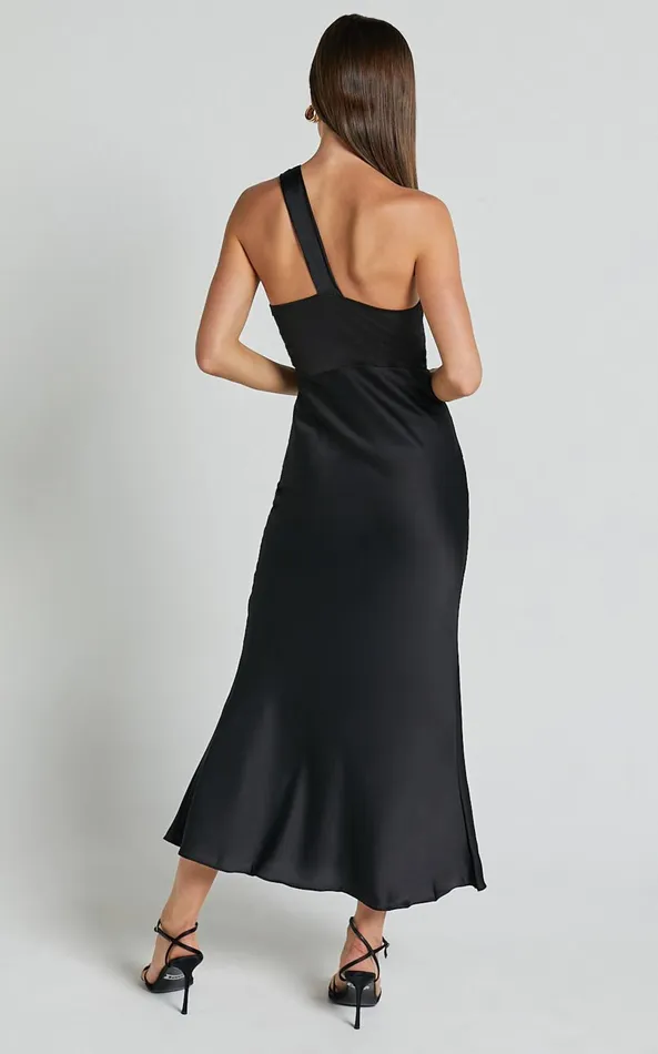 Showpo Carmella Midi Dress 8211 One Shoulder Twist Detail Dress In Black Women Dresses