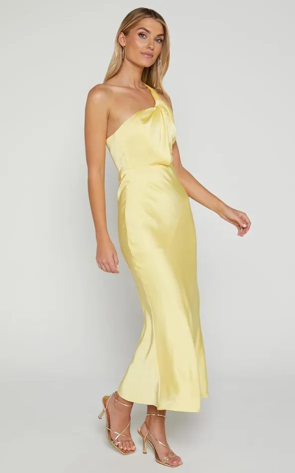 Showpo Carmella Midi Dress 8211 One Shoulder Twist Detail Dress In Butter Yellow Women Dresses