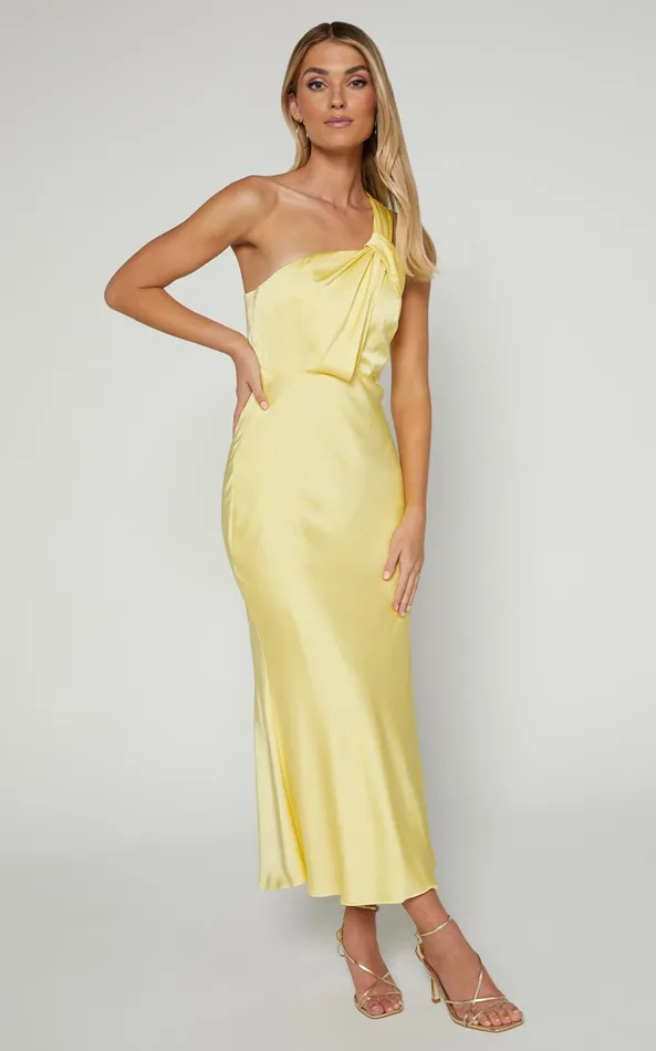 Showpo Carmella Midi Dress 8211 One Shoulder Twist Detail Dress In Butter Yellow Women Dresses