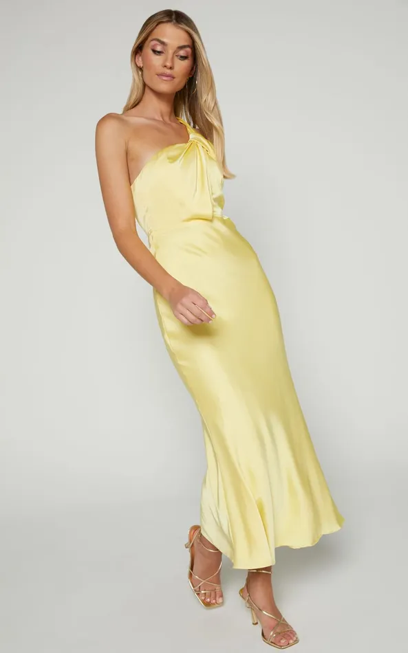 Showpo Carmella Midi Dress 8211 One Shoulder Twist Detail Dress In Butter Yellow Women Dresses