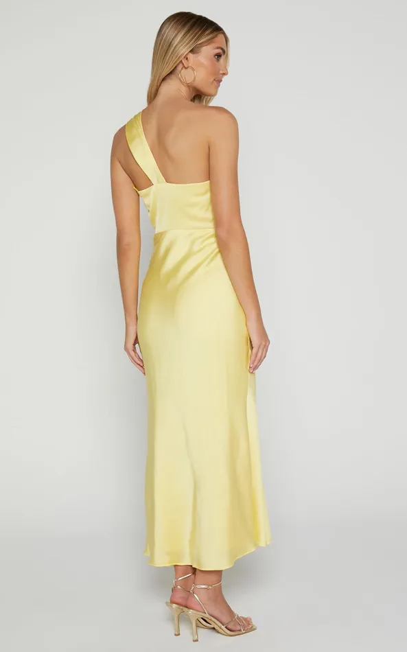 Showpo Carmella Midi Dress 8211 One Shoulder Twist Detail Dress In Butter Yellow Women Dresses