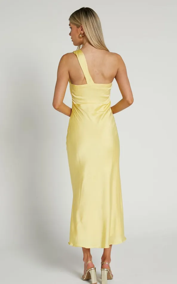 Showpo Carmella Midi Dress 8211 One Shoulder Twist Detail Dress In Butter Yellow Women Dresses