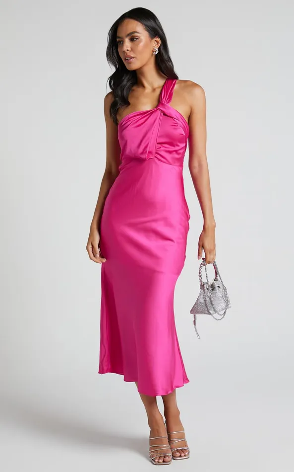 Showpo Carmella Midi Dress 8211 One Shoulder Twist Detail Dress In Fuchsia Women Dresses