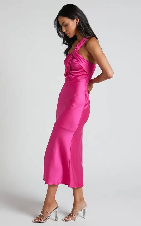 Showpo Carmella Midi Dress 8211 One Shoulder Twist Detail Dress In Fuchsia Women Dresses