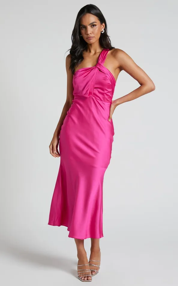 Showpo Carmella Midi Dress 8211 One Shoulder Twist Detail Dress In Fuchsia Women Dresses