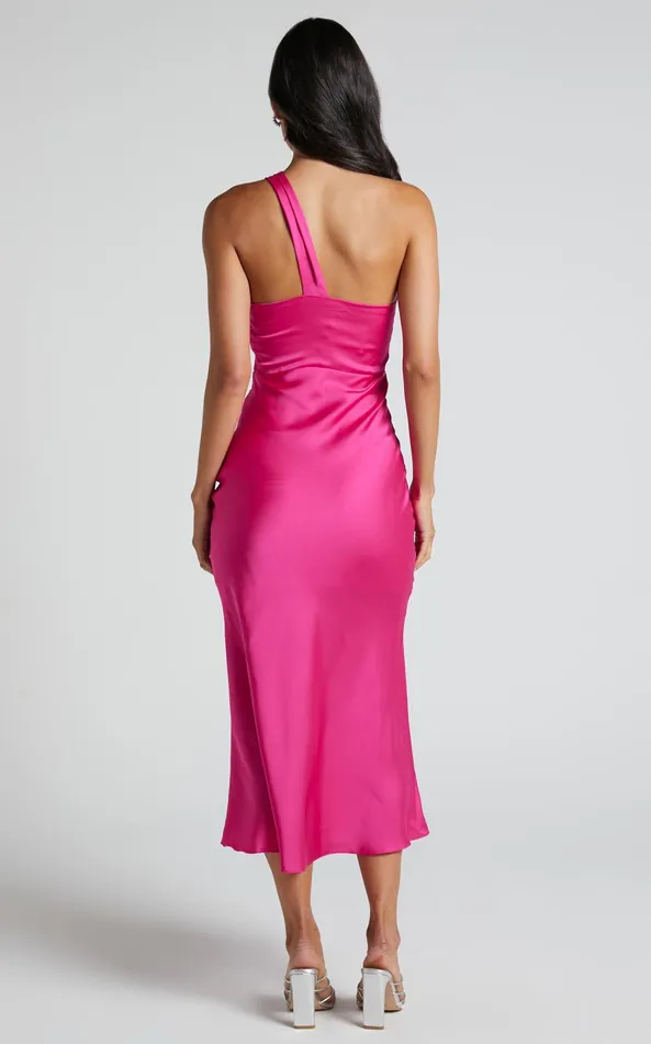 Showpo Carmella Midi Dress 8211 One Shoulder Twist Detail Dress In Fuchsia Women Dresses