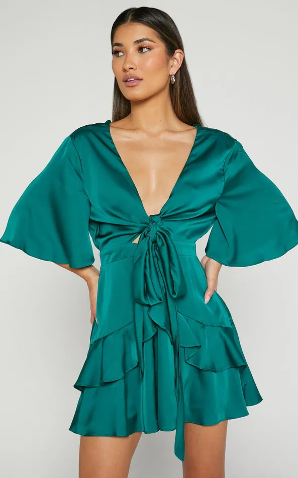 Showpo Carmella Mini Dress 8211 Plunge Neck Short Flutter Sleeve Dress In Emerald Women Dresses