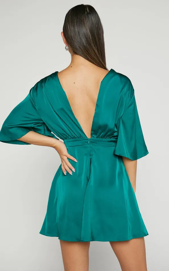 Showpo Carmella Mini Dress 8211 Plunge Neck Short Flutter Sleeve Dress In Emerald Women Dresses